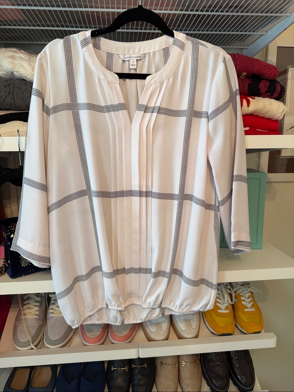 41 Hawthorn White Blouse with Gray Windowpane Plaid